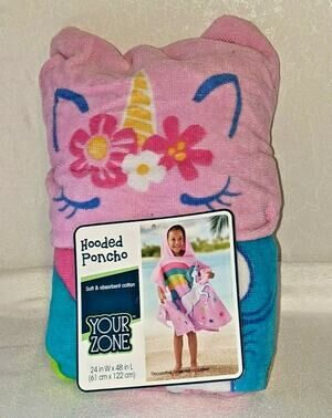 Your Zone Hooded Poncho Towel for Kids 24 x 48" Pink Unicorn NWT Beach Pool Bath